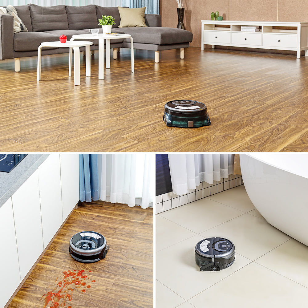 Aspirador robot de diseño negro y plateado