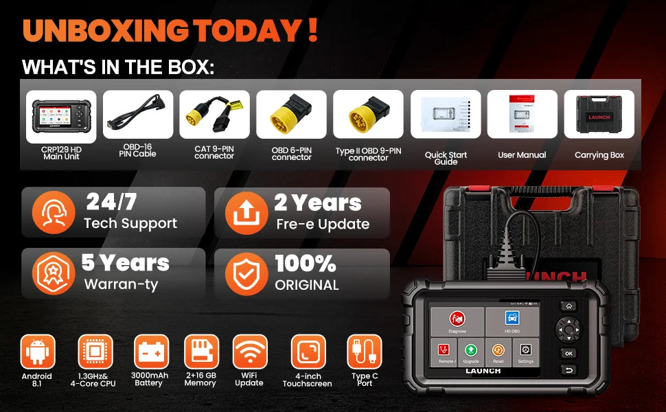 LAUNCH CRP129 HD Heavy Duty Truck Scanner,Full System Diesel Scan Tool with 7 Resets,DPF Force Regen & Reset,for 24V Heavy Truck