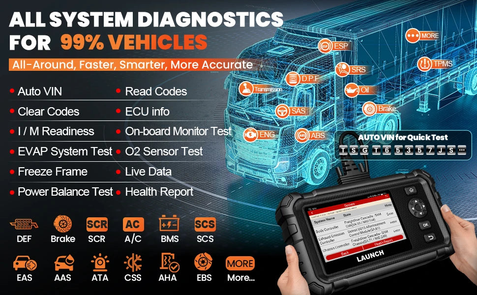LAUNCH CRP129 HD Heavy Duty Truck Scanner,Full System Diesel Scan Tool with 7 Resets,DPF Force Regen & Reset,for 24V Heavy Truck