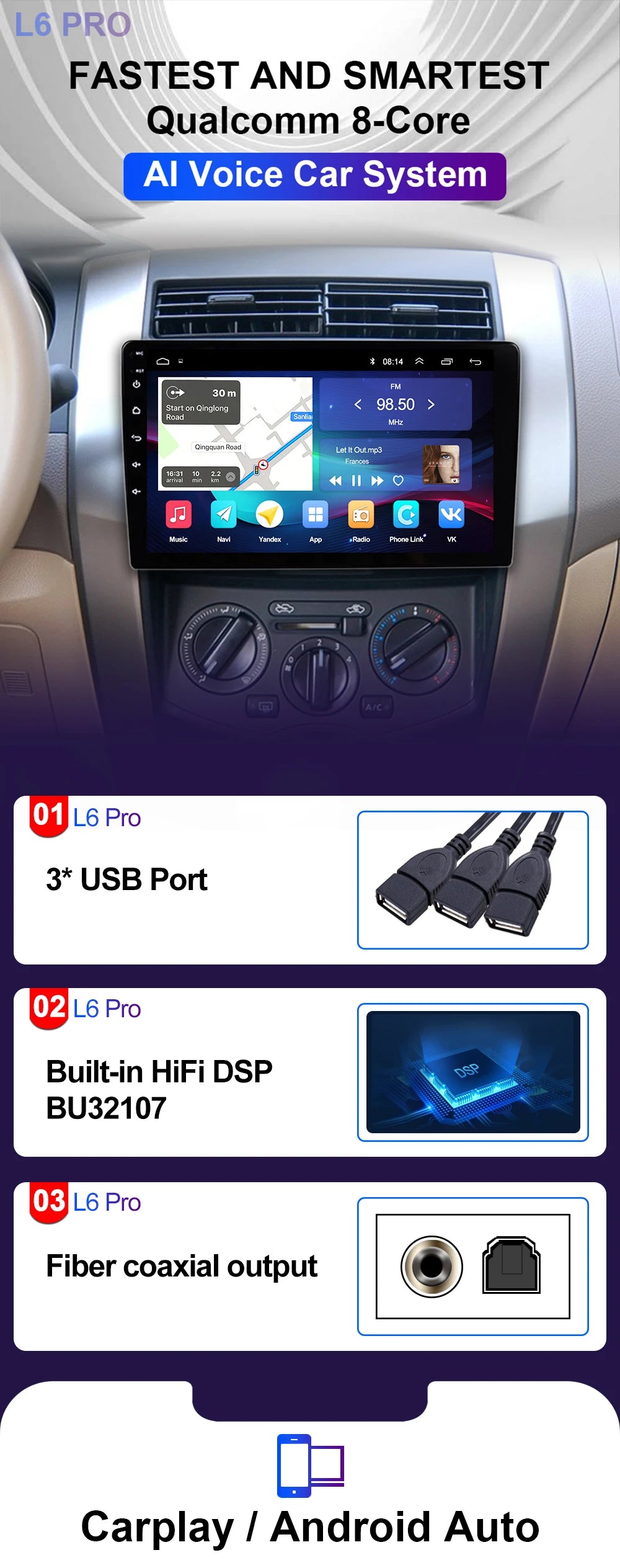 LEHX Universal 9/10 inch Wireless Carplay 2din Android 15 Car Radio Multimedia Video Player AutoRadio GPS Navigation 4G WiFi