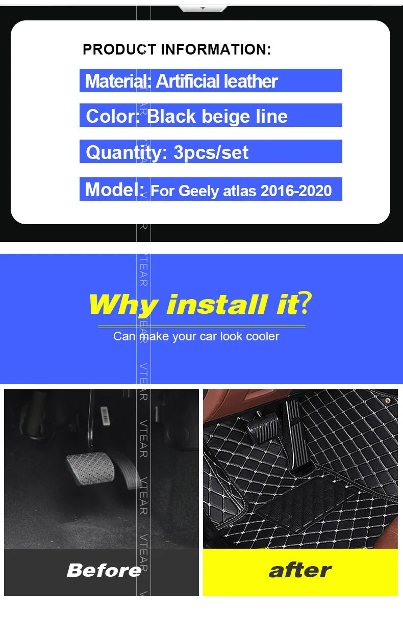 Vtear for Geely atlas car floor mats waterproof foot pad carpet leather rugs car-styling interior automobile accessories 2018