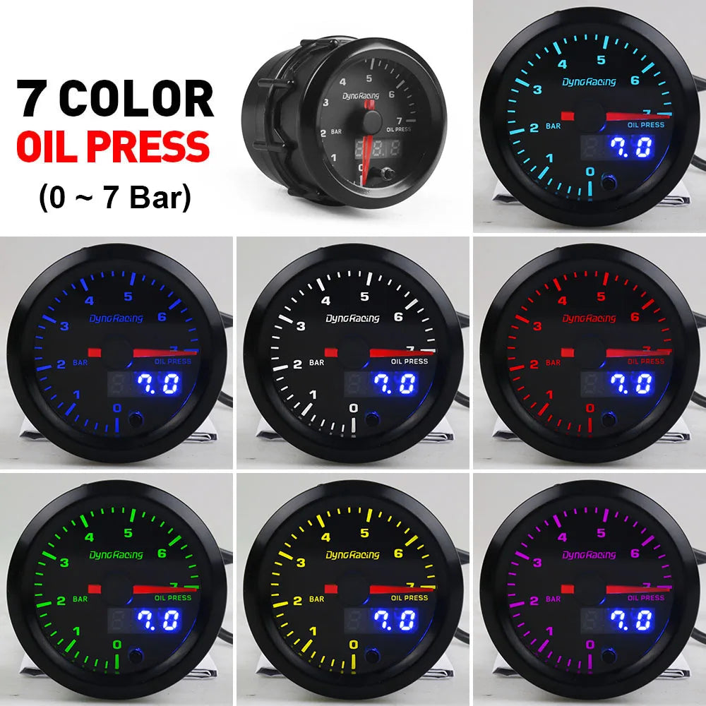 Dynoracing 2" 52mm Dual Display Oil Pressure Gauge 0-7 BAR  7 Colors LED Oil Press Meter High Speed Motor With Sensor  BX101734