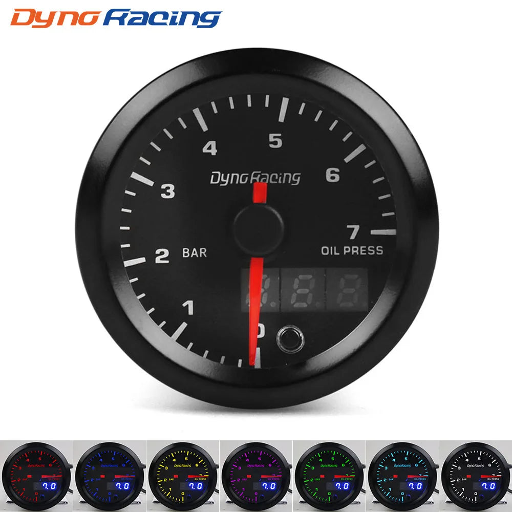 Dynoracing 2" 52mm Dual Display Oil Pressure Gauge 0-7 BAR  7 Colors LED Oil Press Meter High Speed Motor With Sensor  BX101734