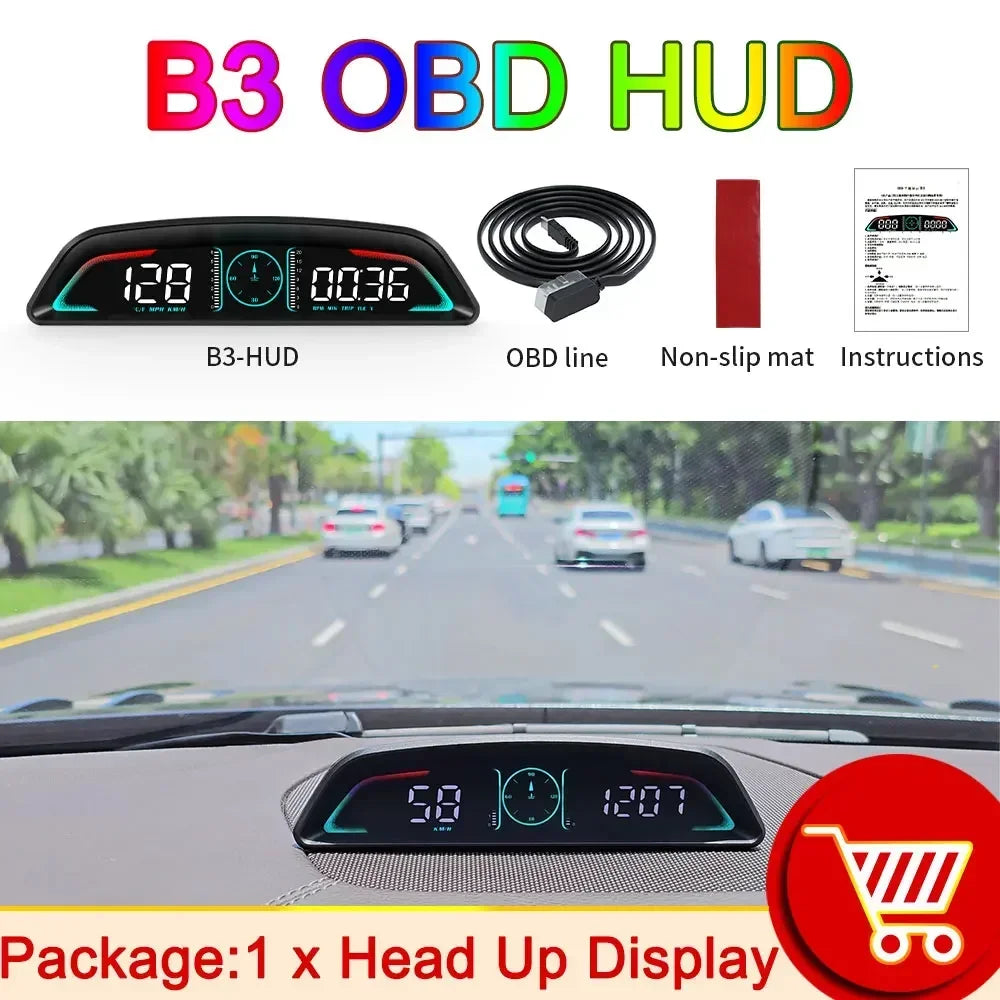 B3 Speedometer Head Up Display OBD2 HUD Car Tachometer Water Temp With Alarm Auto Fuel Consumption Volt Meter Gauge
