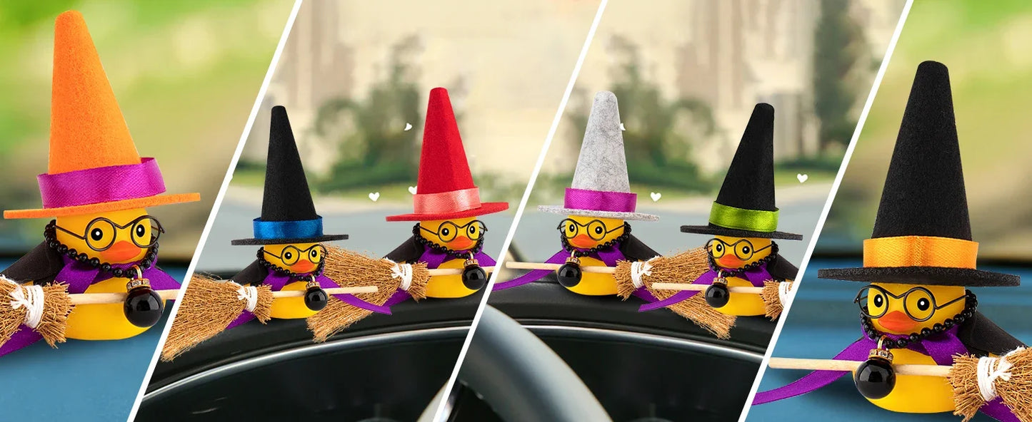 Car Decoration Rubber Duck Halloween with Magic Hat Cloak Broom Sunglasses Necklace for Car Ornaments Home Table Decor