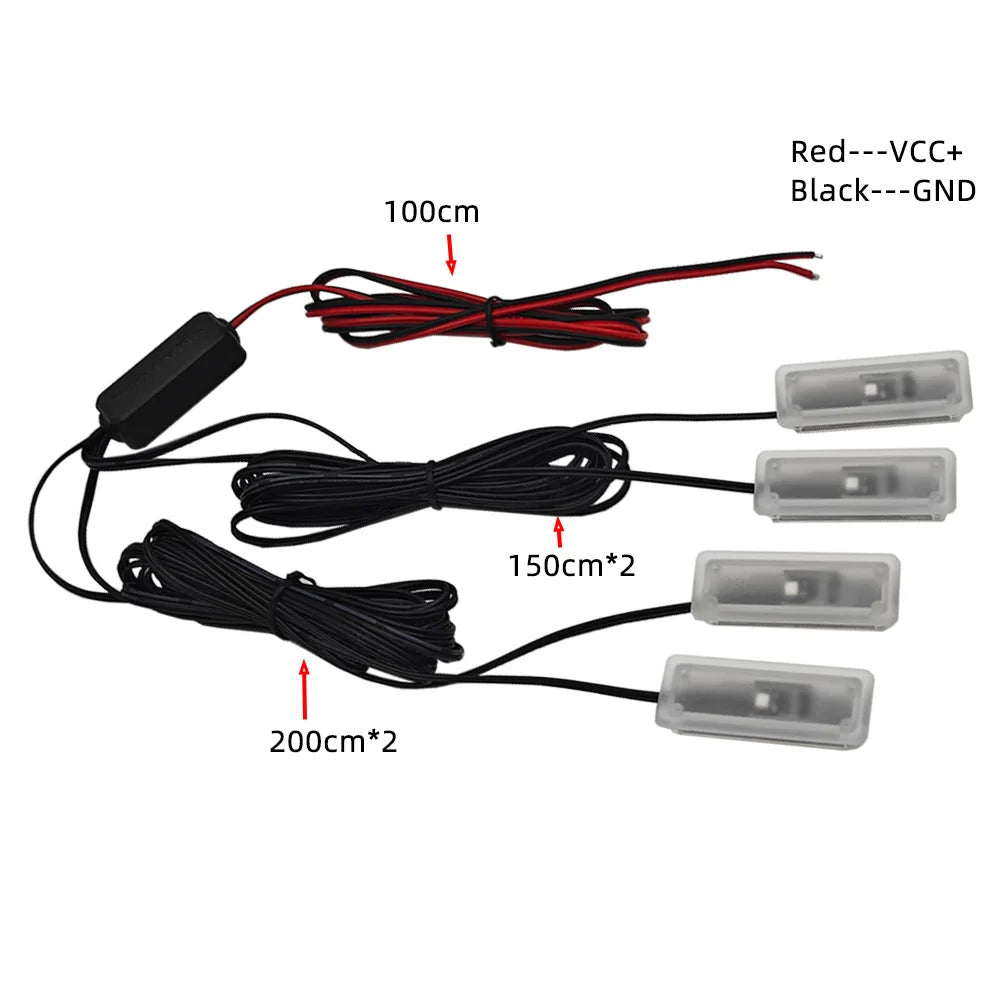 1-4LED ambient light, car interior floor light, connected to ACC power supply 12V RED WHITE 6000K BLUE YELLOW GREEN PINK