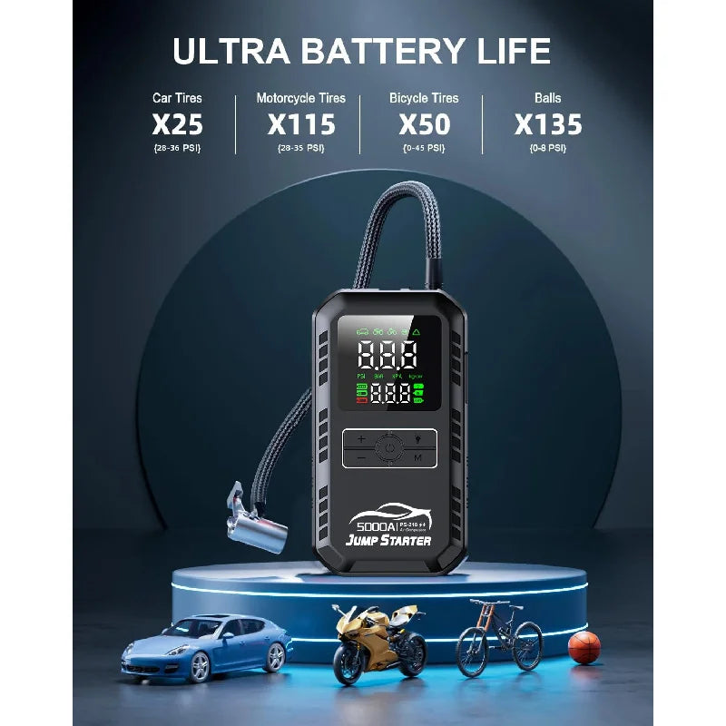 Car Emergency Jump Starter Device And Air Pump Combo Booster Car Battery Starter Power Bank Tire Inflator 6000mA-12000mA