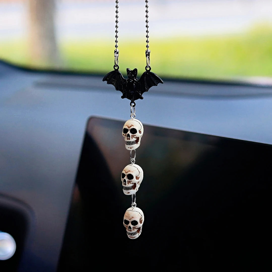 Halloween Car Interior Decoration Black Bat & Skull Pendant For Auto Rearview Mirror & Halloween Party Decor Car Accessories
