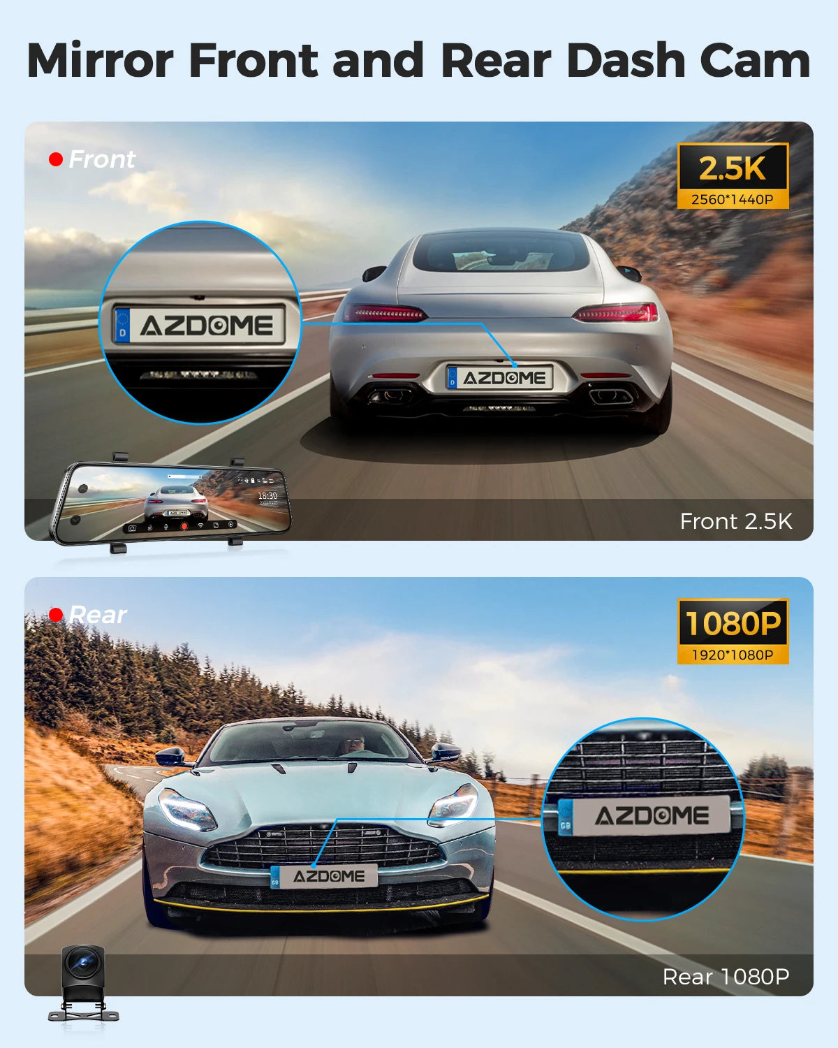 AZDOME PG17 12" WiFi Mirror Dash Cam 4K Front and 1080P Rear View Mirror Camera for Cars Dual Camera Waterproof Backup Camera