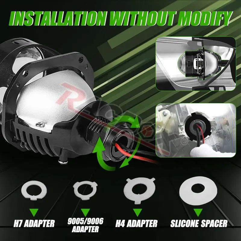 LED Projector Lens 2.5 Inch Bi LED High Low Beam Lights 80mm LED Halo for H4 H7 9005 9006 Car Headlight Bulbs Auto Diodes Turbo