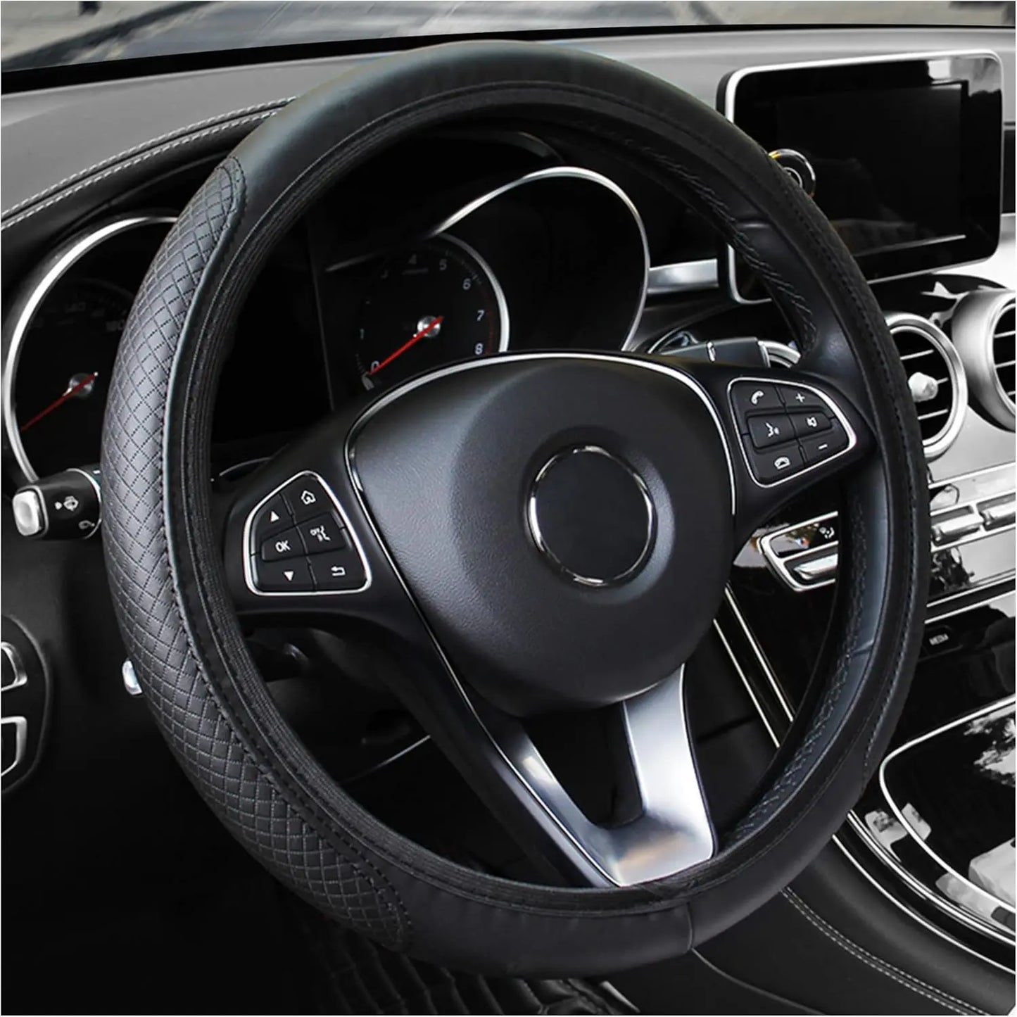 14.5-15inch Steering Wheel Cover Soft PU Leather Car Steering Wheel Cover with Anti-Slip Linning Universal 37-38cm Size