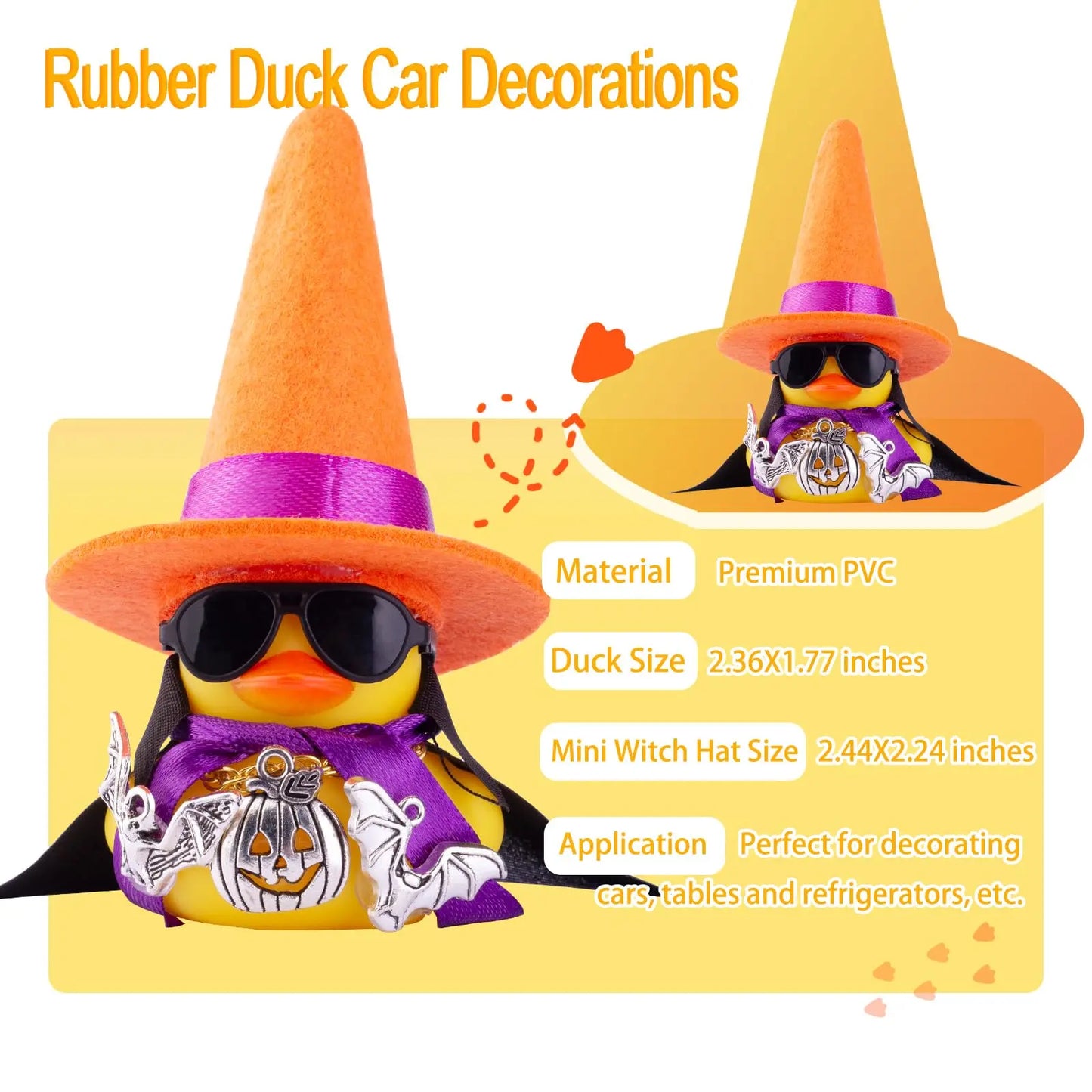 Car Rubber Duck Ornaments Halloween Duck Car Dashboard Decorations with Mini Witch Hat Sunglasses Necklace Halloween Accessories