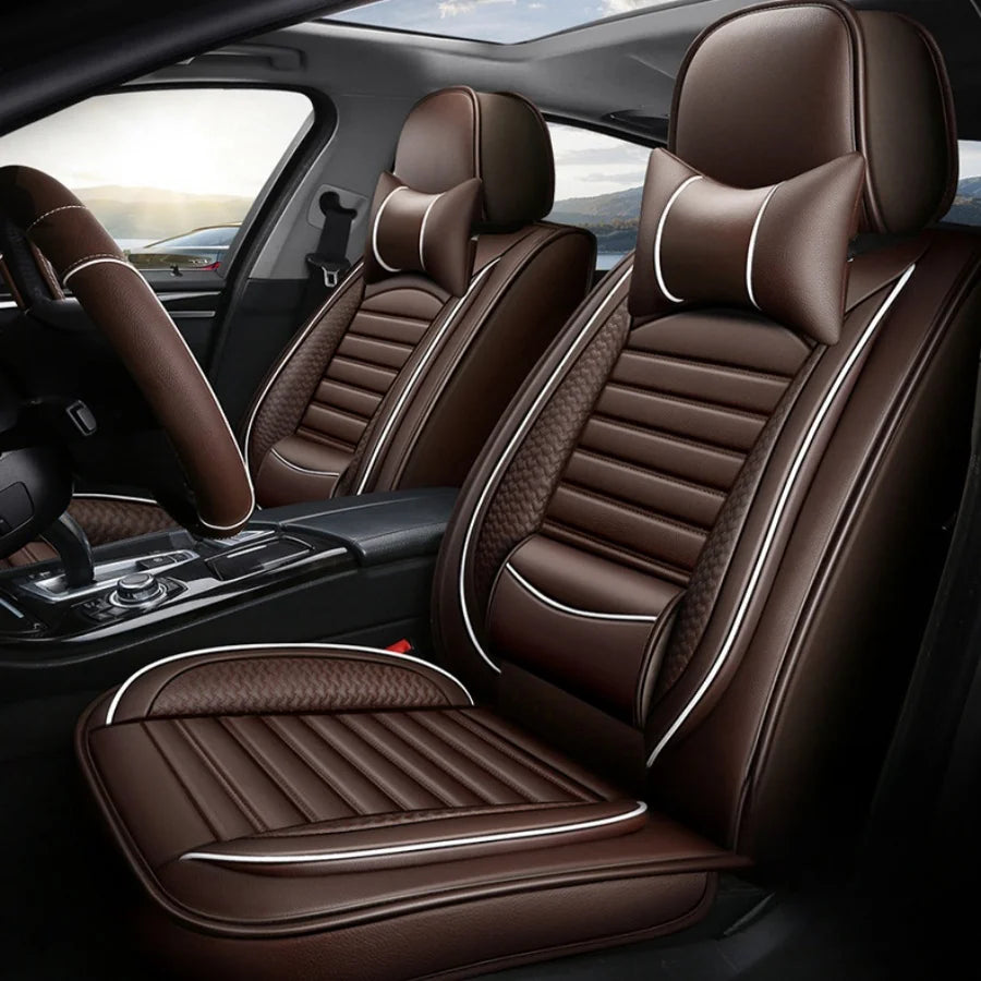 Deluxe 5-Seater PU Leather Auto Seat Covers with Built-in Lumbar Support - 2 Headrests & Steering Wheel Cover, Wearproof