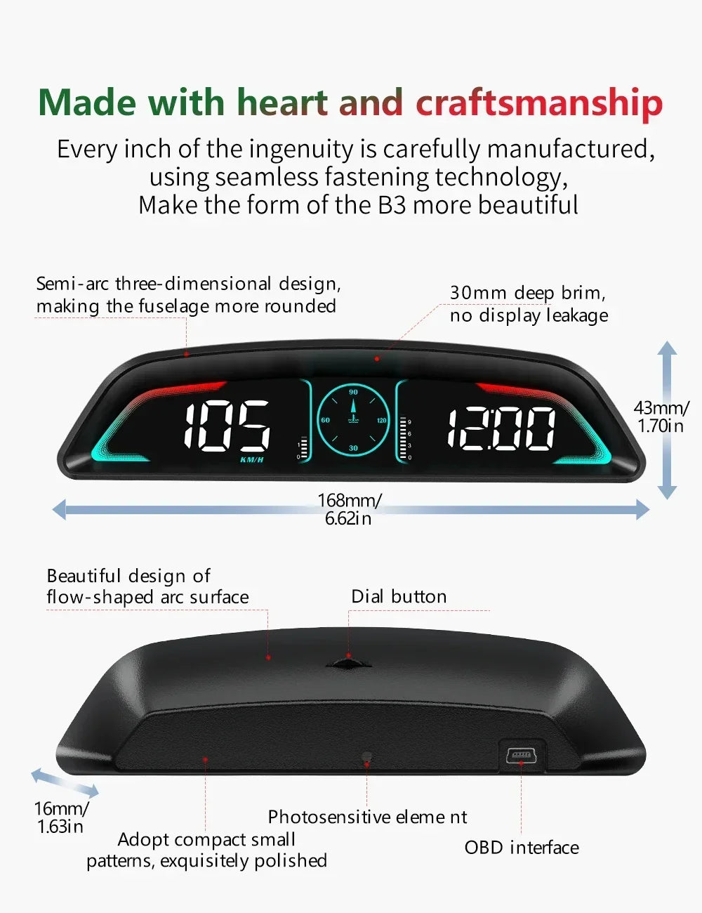 B3 Speedometer Head Up Display OBD2 HUD Car Tachometer Water Temp With Alarm Auto Fuel Consumption Volt Meter Gauge