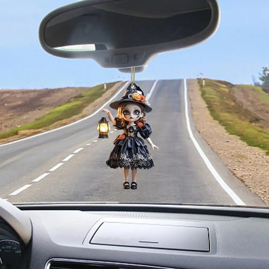 Car Hanging Decorations Witch Pendant Halloween Decoration Spooky Halloween Witch Car Pendant with Pumpkin Lanterns for Rearview
