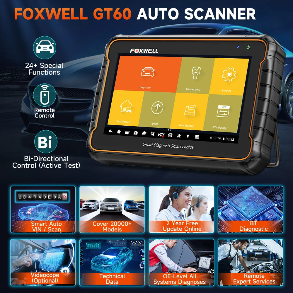 Foxwell GT60 OBD2 Automotive Scanner Biretional Control All System Car Code Reader EPB A/F 24 Reset ODB 2 Car Diagnostic Tool