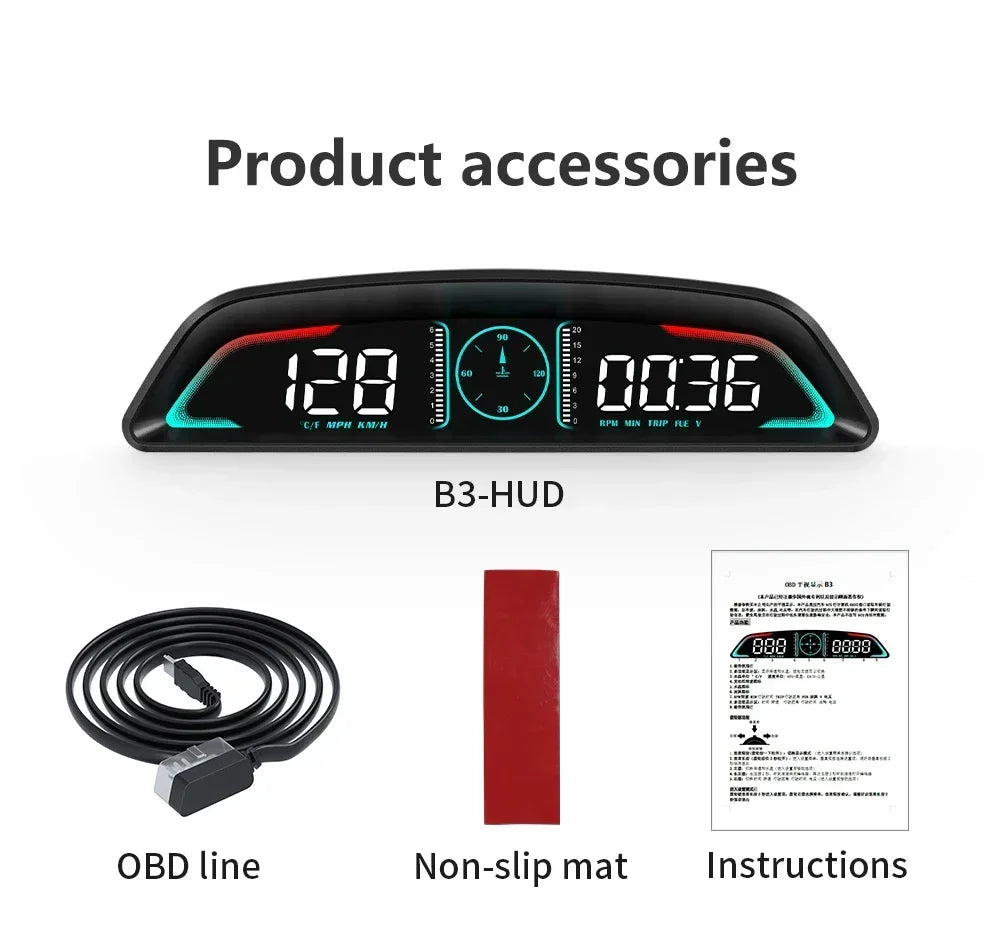 B3 Speedometer Head Up Display OBD2 HUD Car Tachometer Water Temp With Alarm Auto Fuel Consumption Volt Meter Gauge