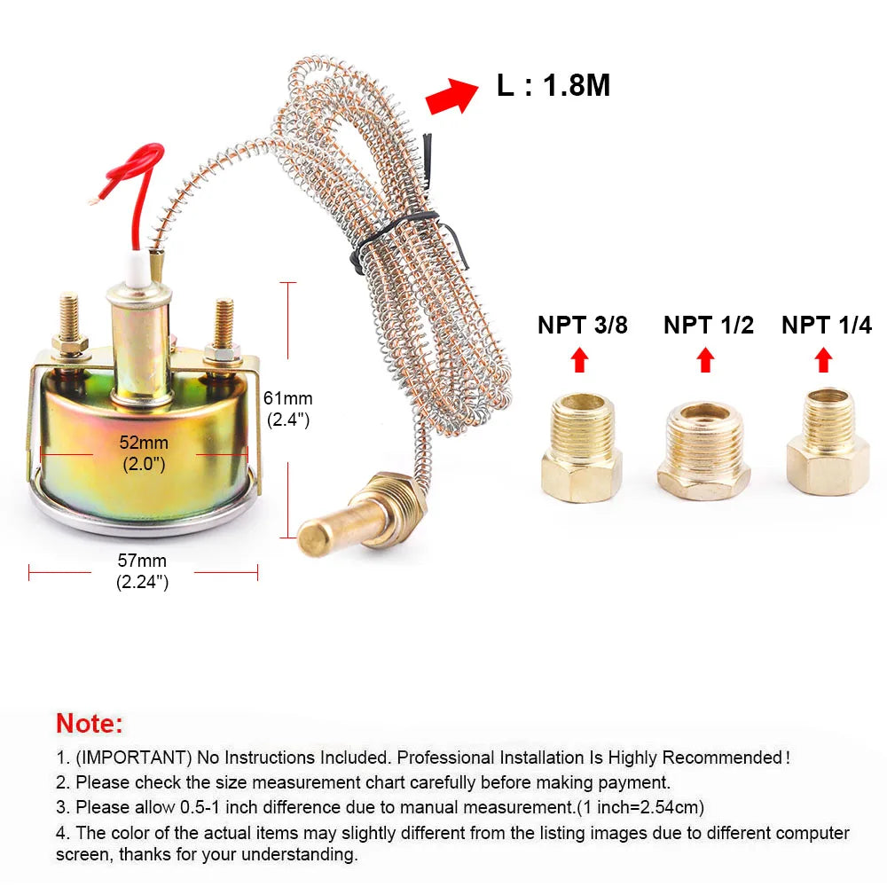 2" 52MM Mechanical 12V Water Temp Gauge 50-140℃/130-280℉ Water Temperature Gauge Car Meter With Sensor NPT 1/2, NPT 1/4,NPT 3/8