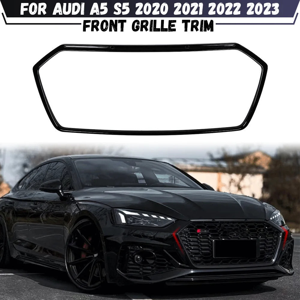 Front Bumper Grille Trim For Audi A5 S5 2020 2021 2022 2023 Black / Carbon Look Racing Radiator Grill Strip Cover