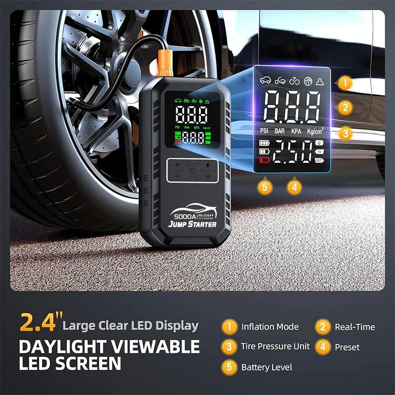 Car Emergency Jump Starter Device And Air Pump Combo Booster Car Battery Starter Power Bank Tire Inflator 6000mA-12000mA