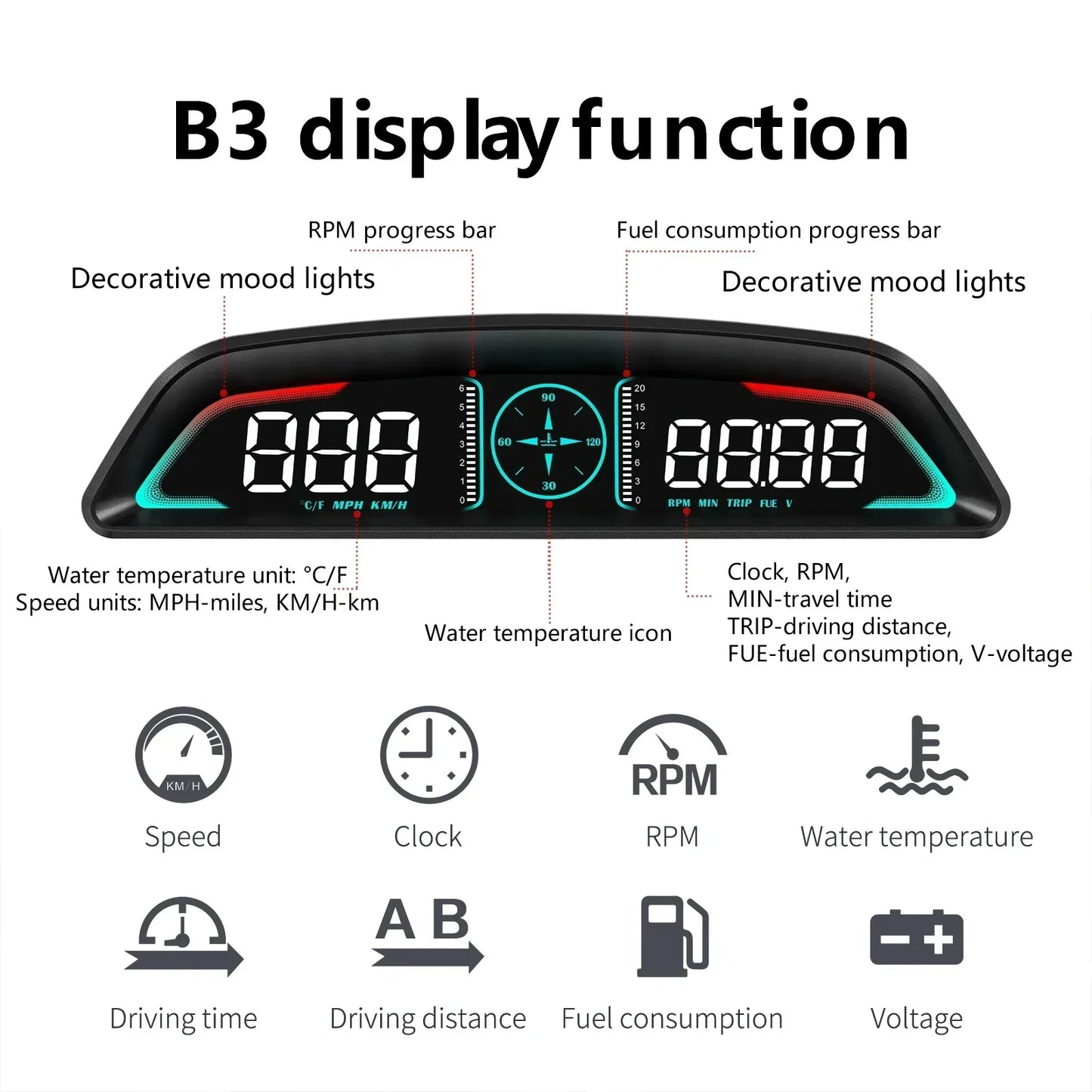 B3 Speedometer Head Up Display OBD2 HUD Car Tachometer Water Temp With Alarm Auto Fuel Consumption Volt Meter Gauge