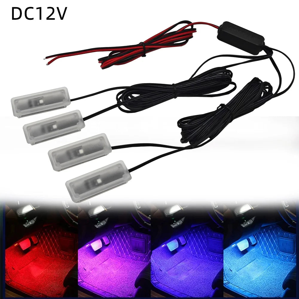1-4LED ambient light, car interior floor light, connected to ACC power supply 12V RED WHITE 6000K BLUE YELLOW GREEN PINK