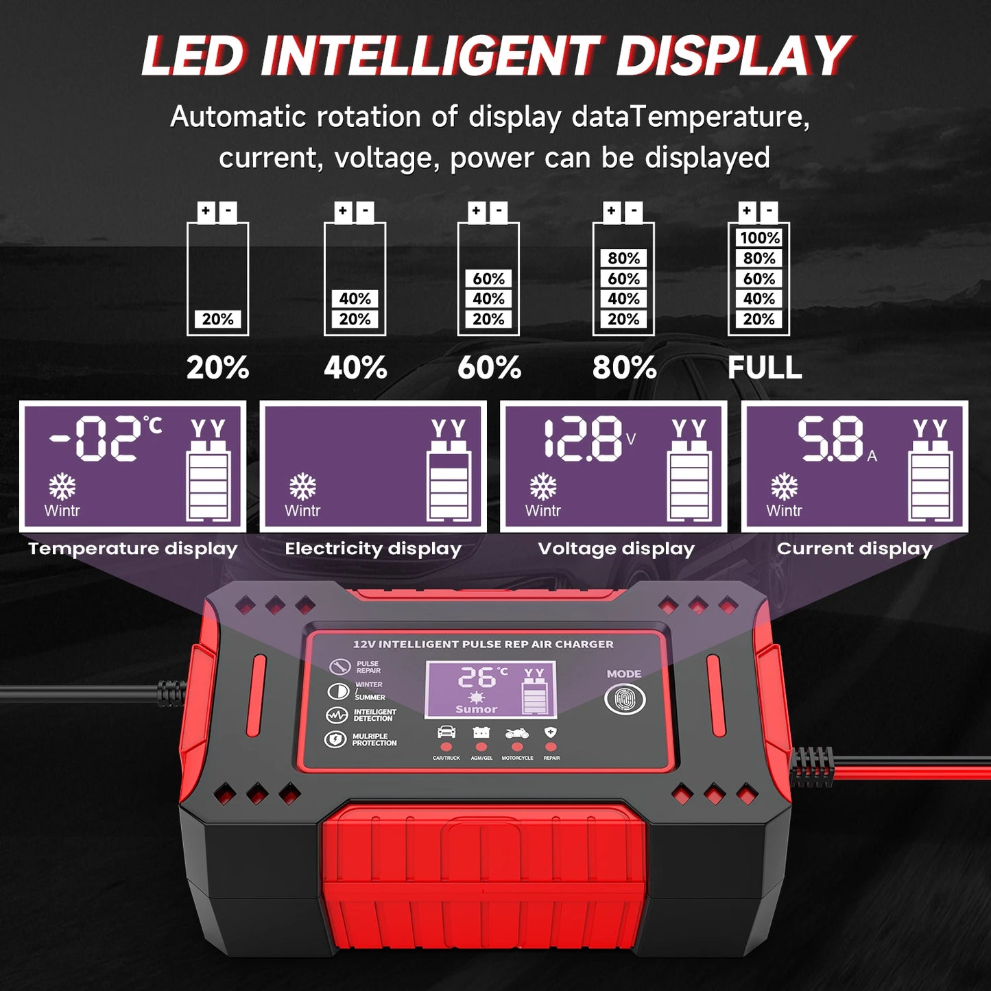6A 12V Repair LCD Display Intelligent Car Battery Charger Car and Motorcycle Battery Charging Unit Lead-Acid Battery