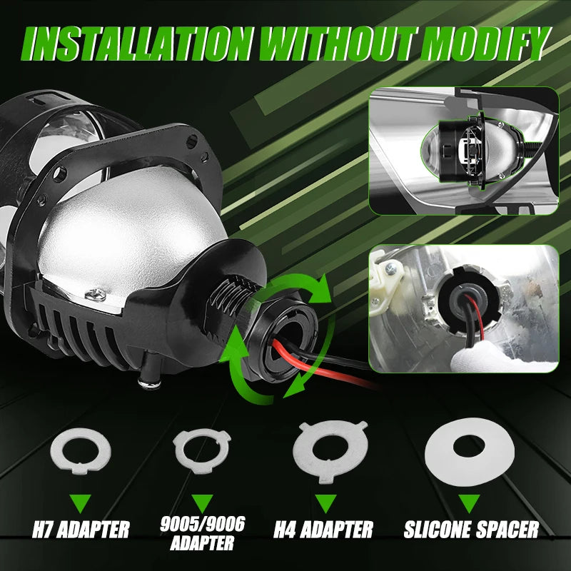 LED Projector Lens 2.5 Inch Bi LED High Low Beam Lights 80mm LED Halo for H4 H7 9005 9006 Car Headlight Bulbs Auto Diodes Turbo