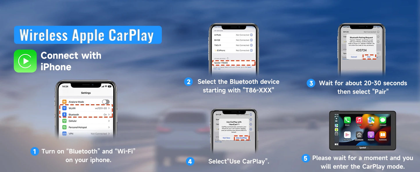 7" IPS Touchscreen Portable Car Stereo with Wireless CarPlay and Android Auto CarPlay Screen for Car, Portrait & Landscape