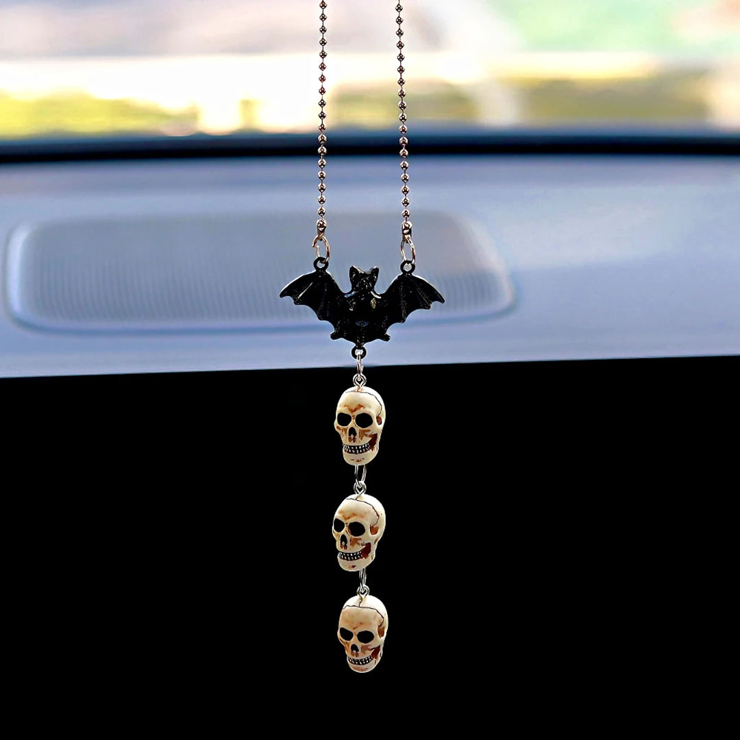 Halloween Car Interior Decoration Black Bat & Skull Pendant For Auto Rearview Mirror & Halloween Party Decor Car Accessories