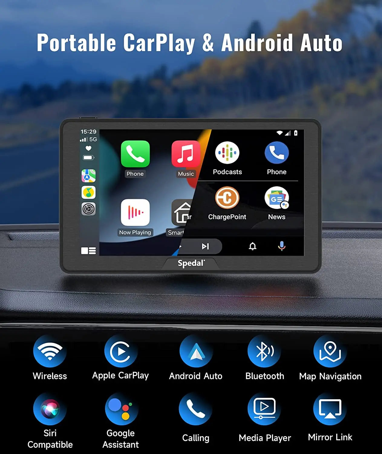 7" IPS Touchscreen Portable Car Stereo with Wireless CarPlay and Android Auto CarPlay Screen for Car, Portrait & Landscape