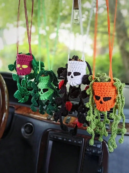 1pc Car Skull Halloween Ornament, Car Decoration, Rearview Mirror Decoration, Hand-Crocheted and Creative