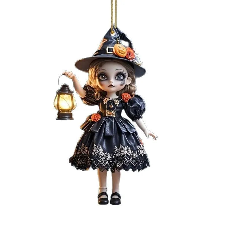 Car Hanging Decorations Witch Pendant Halloween Decoration Spooky Halloween Witch Car Pendant with Pumpkin Lanterns for Rearview