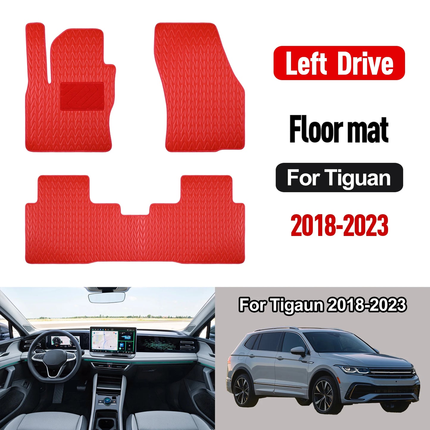 Custom car floor mat for Volkswagen Tiguan 2018-2023 Red artificial leather Waterproof Non-Slip Car Mats Floor Covers