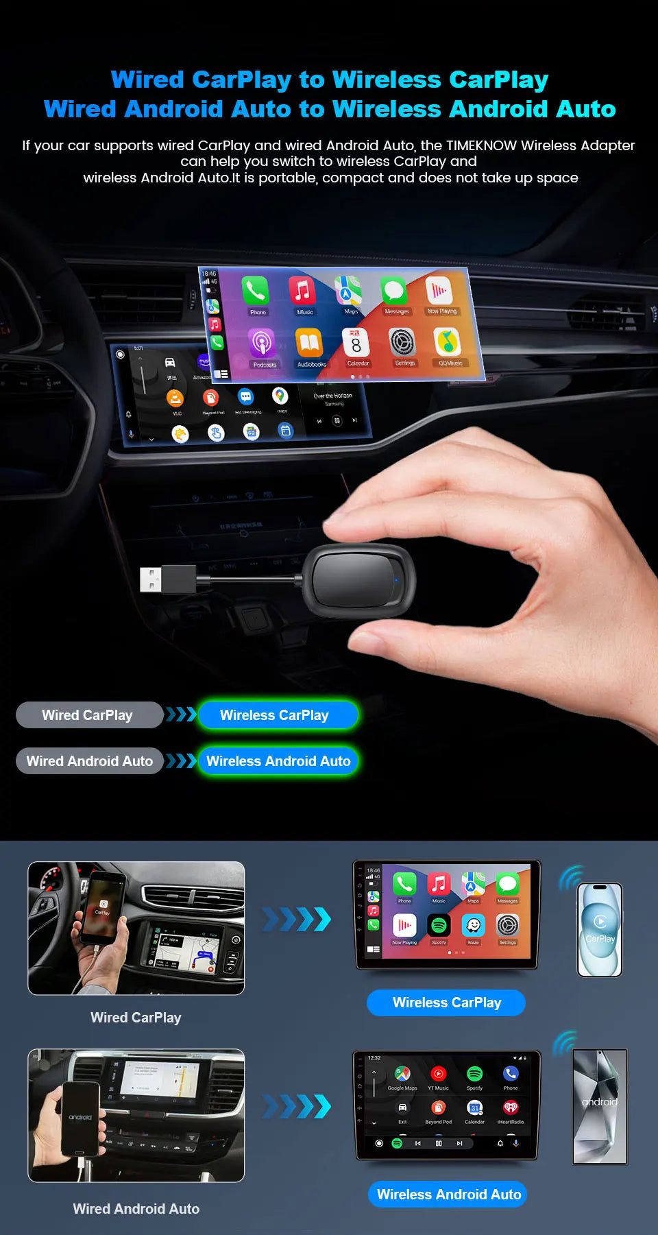Xiaomi 2025 New! 2-in-1 Mini Wireless Adapter Seamlessly Enable Carplay & Android Auto Plug & Play For Most Vehicle Models