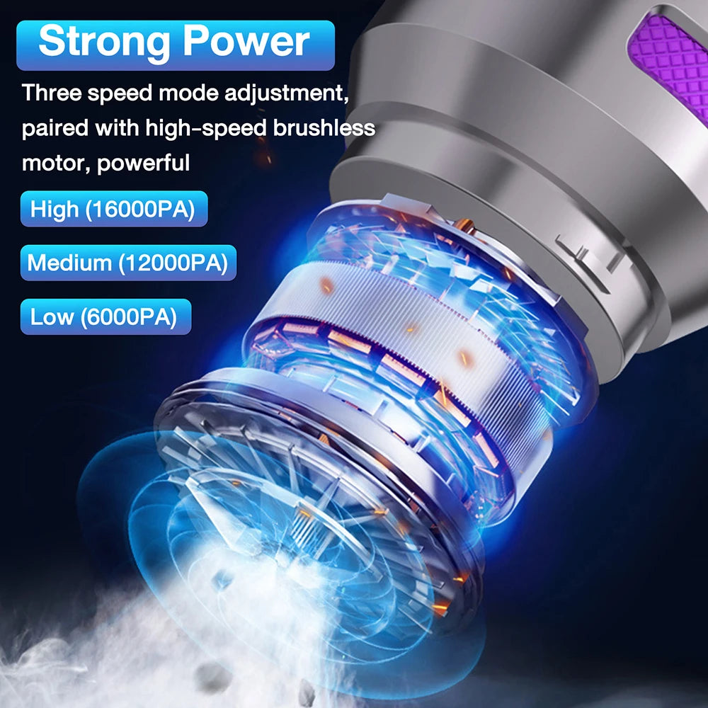 16000PA Powerful Wireless Car Vacuum Cleaner Portable Large Suction Handheld Mini Dust Blower with Power Display 2000mAh