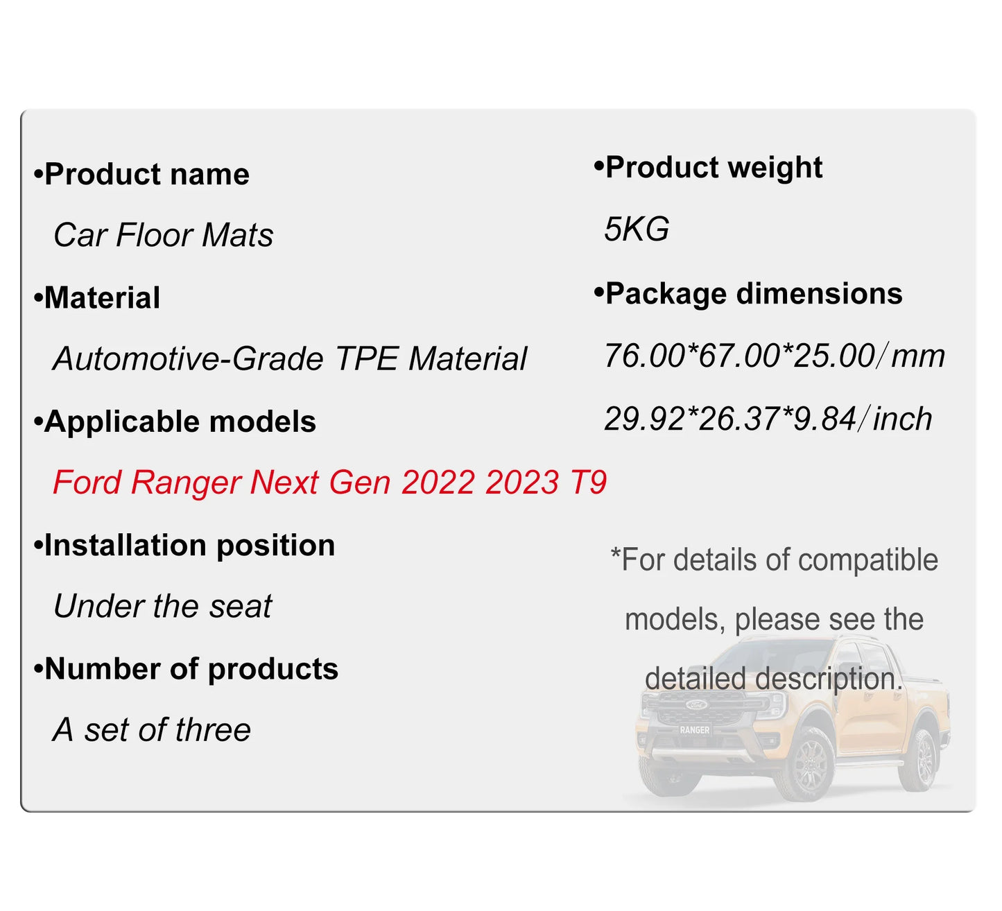 3D TPE Floor Mats for Ford Ranger Next Gen 2023 2024 Wildtrak XLT XLS XL Raptor Anti-Slip Waterproof Interior Accessories