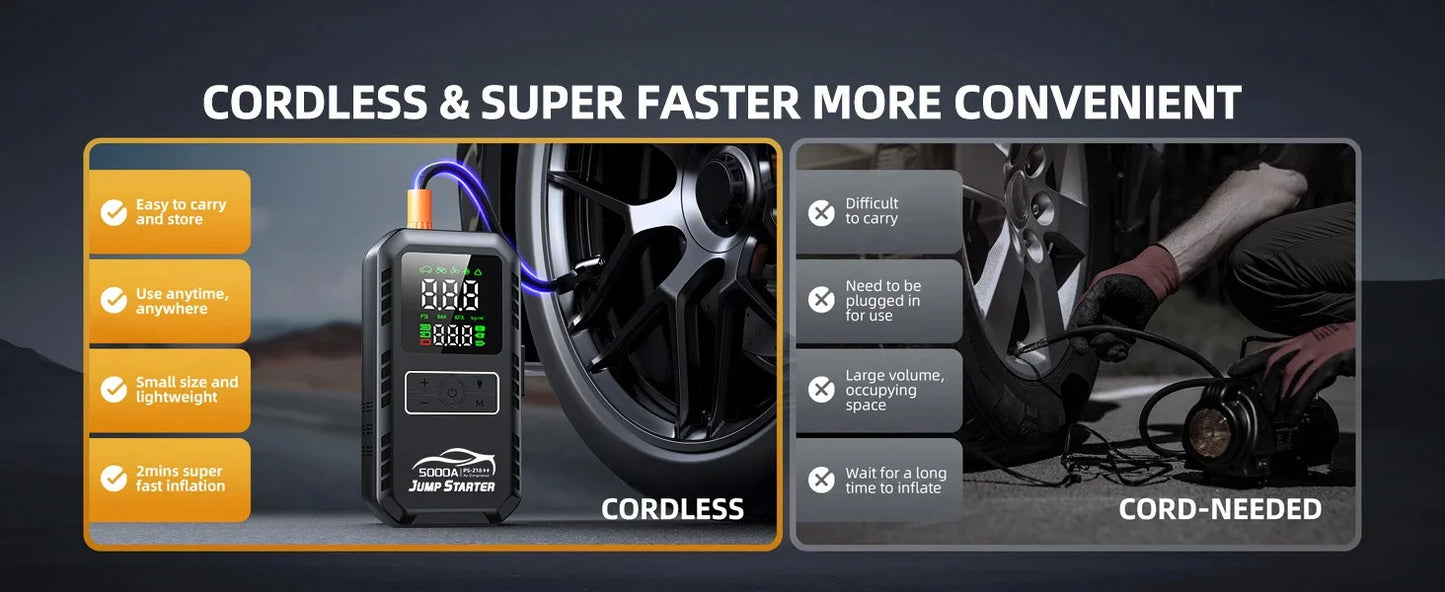 Car Emergency Jump Starter Device And Air Pump Combo Booster Car Battery Starter Power Bank Tire Inflator 6000mA-12000mA