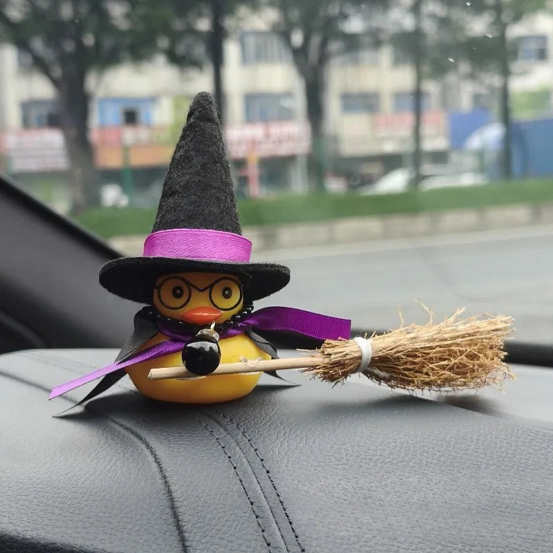 Car Dashboard Halloween Rubber Ducks, Cool Rubber Duck Ornaments with Witch Hat Sunglasses Cape Necklace Spooky Halloween Party