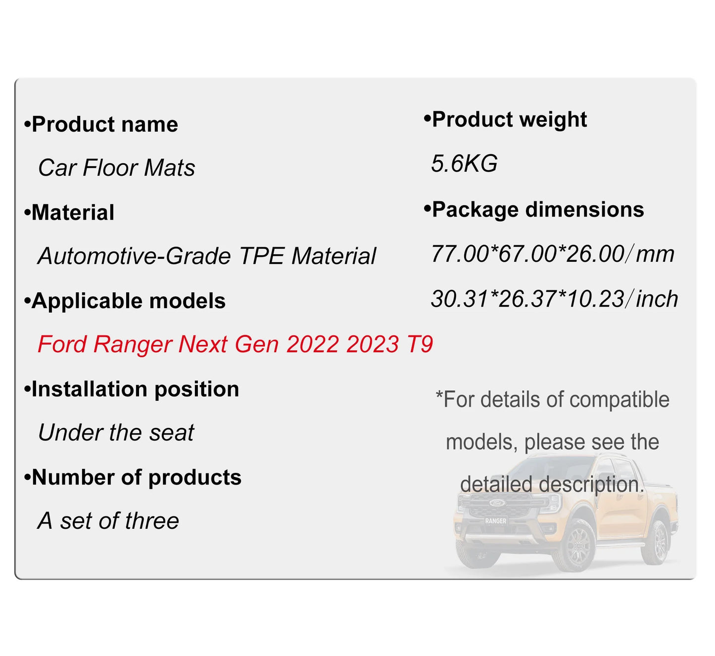 3D TPE Floor Mats for Ford Ranger Next Gen 2023 2024 Wildtrak XLT XLS XL Raptor Anti-Slip Waterproof Interior Accessories