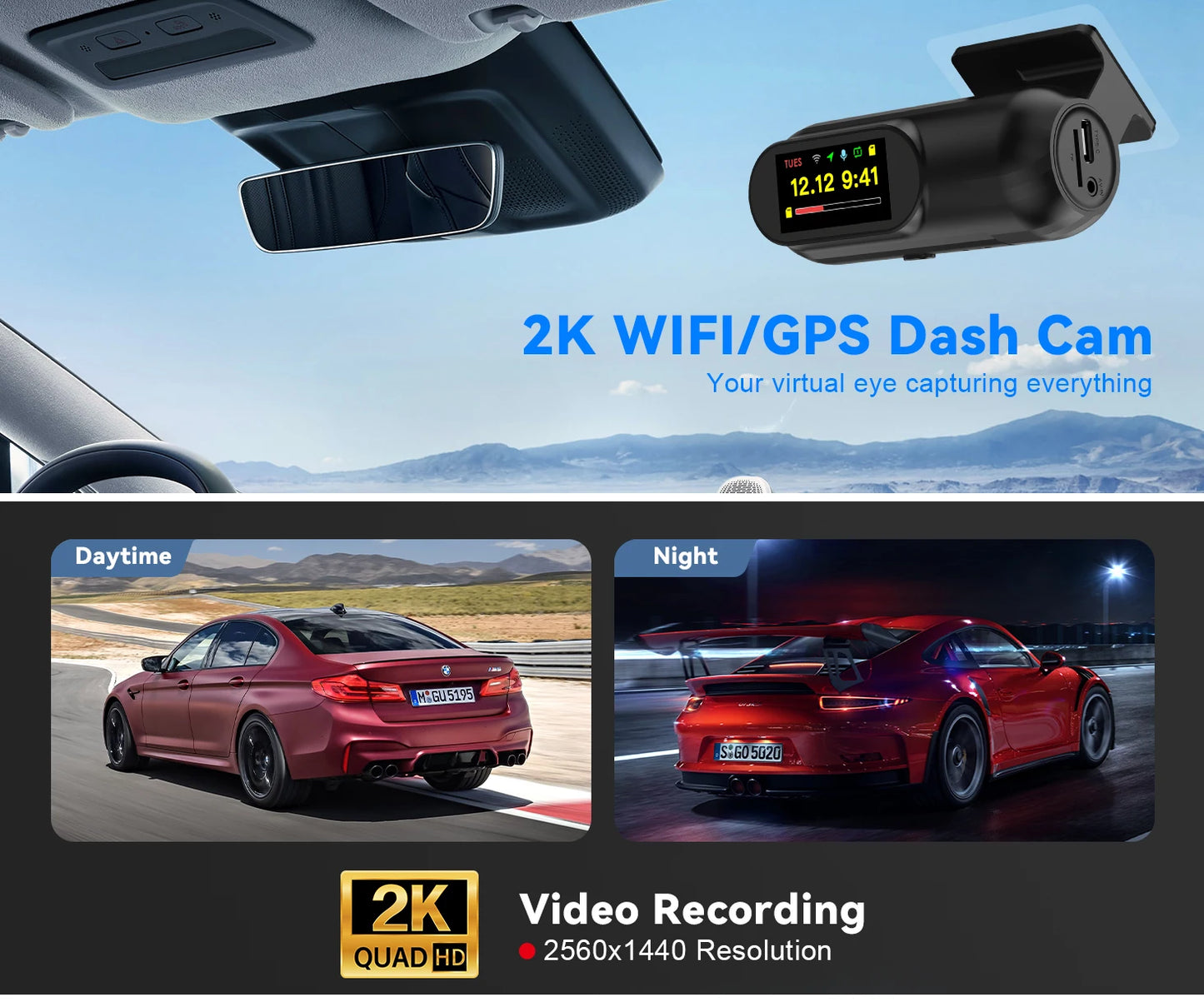 Dash Cam WiFi 2.5K,Car Camera with APP,Dashcams with WDR Night Vision, 24H Parking mode, Loop Recording, G-Sensor,GPS Module