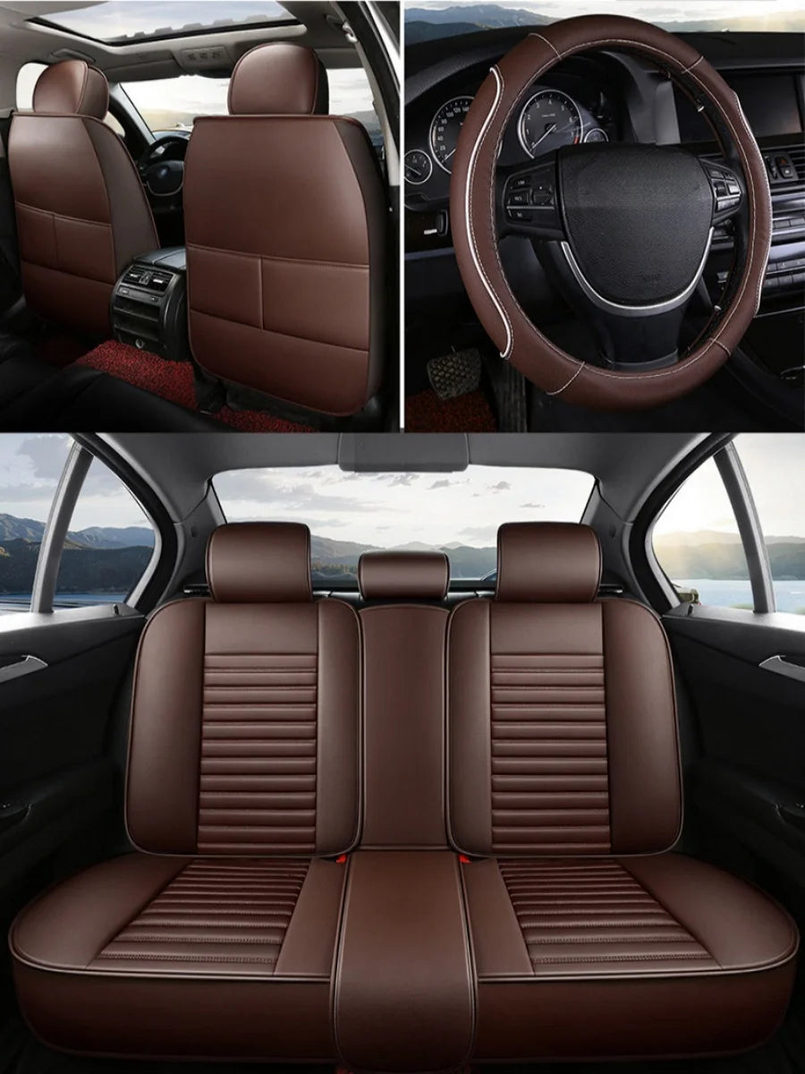 Deluxe 5-Seater PU Leather Auto Seat Covers with Built-in Lumbar Support - 2 Headrests & Steering Wheel Cover, Wearproof