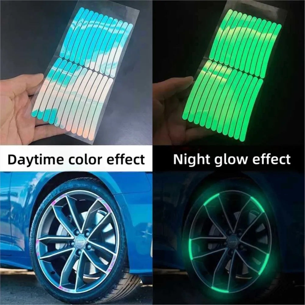 20pcs Car Wheel Hub Reflective Sticker Tire Rim Reflective Strips Luminous for Night Driving Car Bike Motorcycle Wheel Sticker