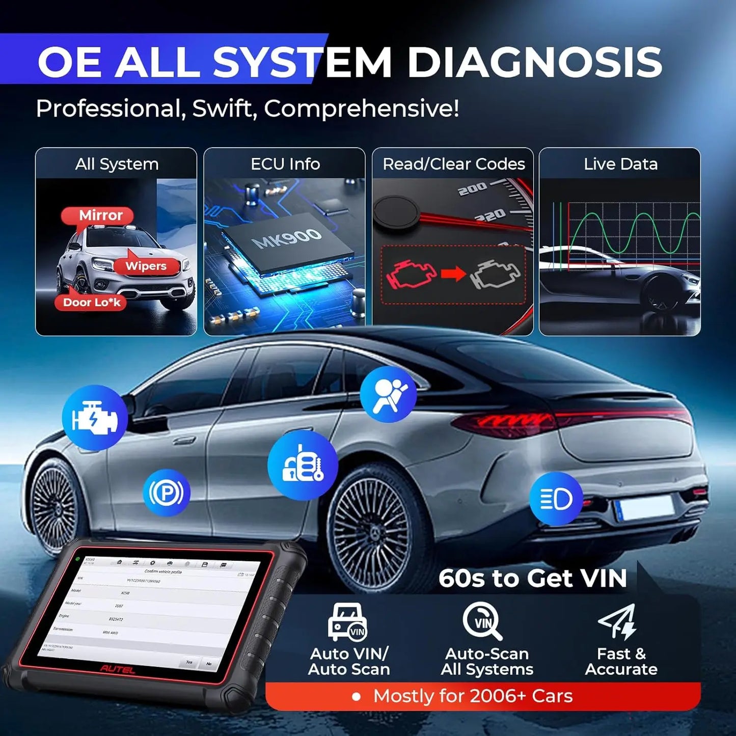 Autel Scanner MaxiCOM MK900 Bidirectional Diagnostic Tool Same as AUTEL MK900BT MK900-BT MX900 Diagnostic Scanner CAN-FD&DOIP