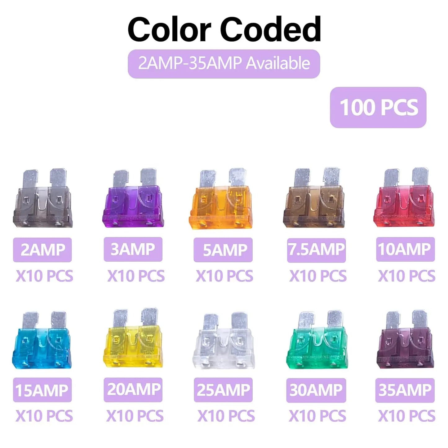 100pcs Low Profile Standard Blade Fuse Assortment 2A -35A 40A Blade Fuses for Car Boat Truck SUV Automotive