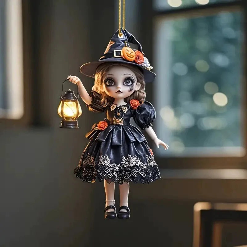 Car Hanging Decorations Witch Pendant Halloween Decoration Spooky Halloween Witch Car Pendant with Pumpkin Lanterns for Rearview