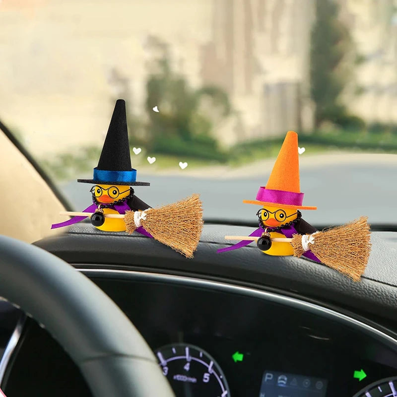 Car Decoration Rubber Duck Halloween with Magic Hat Cloak Broom Sunglasses Necklace for Car Ornaments Home Table Decor