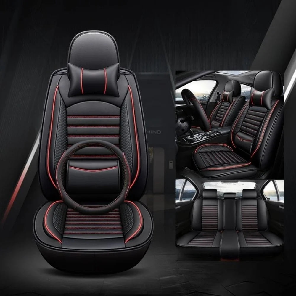 Deluxe 5-Seater PU Leather Auto Seat Covers with Built-in Lumbar Support - 2 Headrests & Steering Wheel Cover, Wearproof