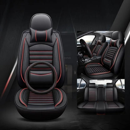 Deluxe 5-Seater PU Leather Auto Seat Covers with Built-in Lumbar Support - 2 Headrests & Steering Wheel Cover, Wearproof
