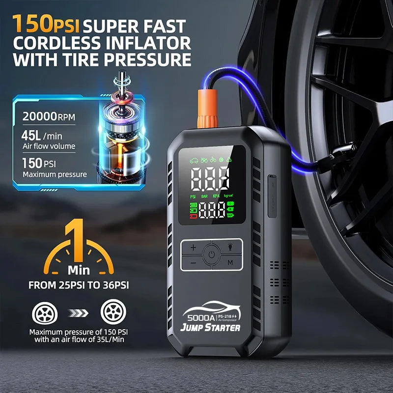 Car Emergency Jump Starter Device And Air Pump Combo Booster Car Battery Starter Power Bank Tire Inflator 6000mA-12000mA